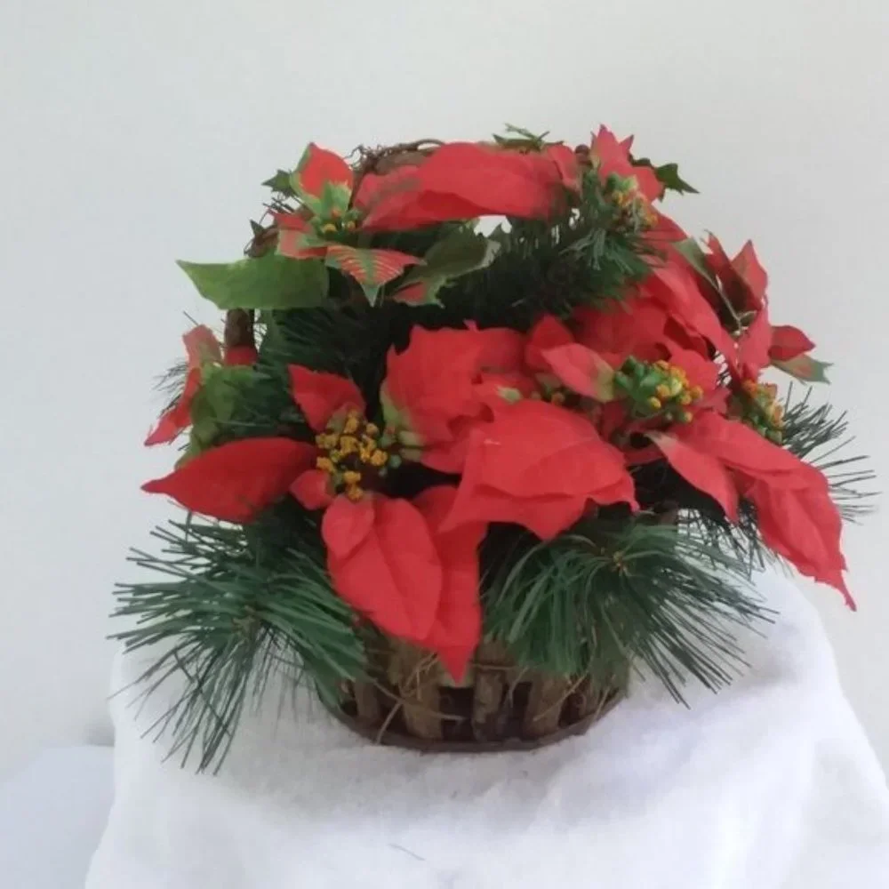 Christmas Grapevine BASKET Poinsettia Holly Berry Evergreen Holiday Décor